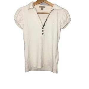 Burberry Brit Polo Shirt Puff Short Sleeve Plaid Accent White Top Womens Small